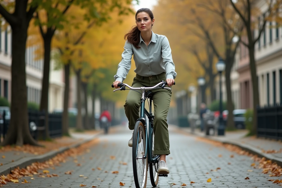 Femme à vélo à rétropédalage sur une rue pavée en automne, illustrant le confort de conduite en ville