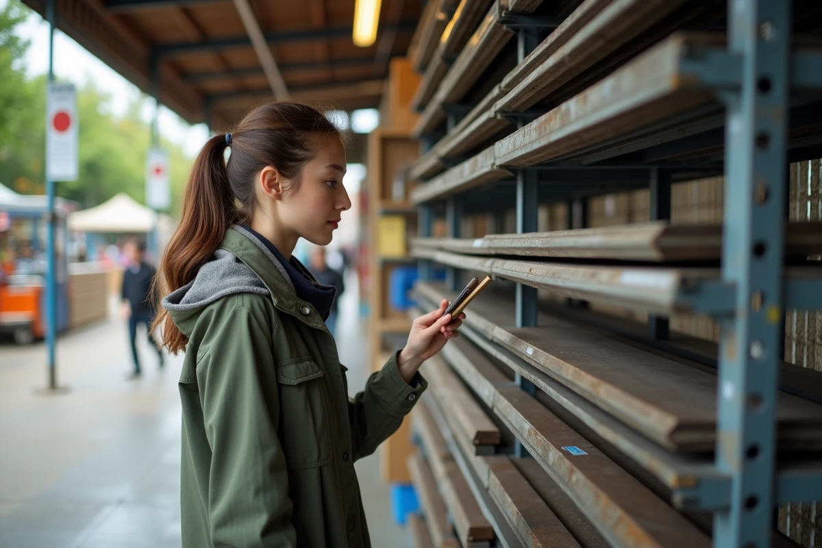 Jeune femme examine des barres de métal dans un magasin en plein air