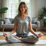 Jeune femme en yoga dans un salon moderne et épuré