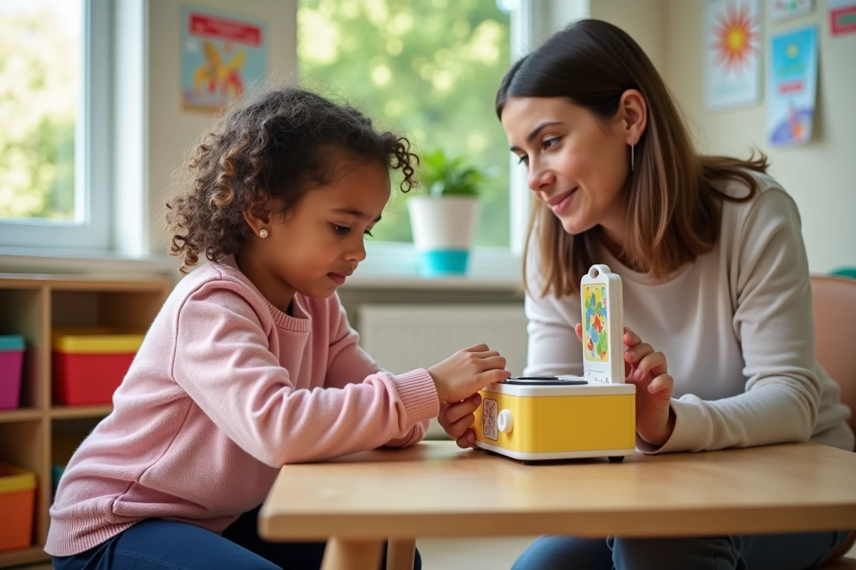 Fille de 7 ans examine une boîte à musique avec sa mère