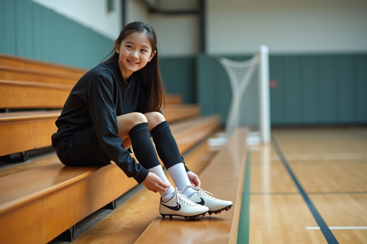 Fille chinoise en tenue de sport attache ses crampons dans la salle