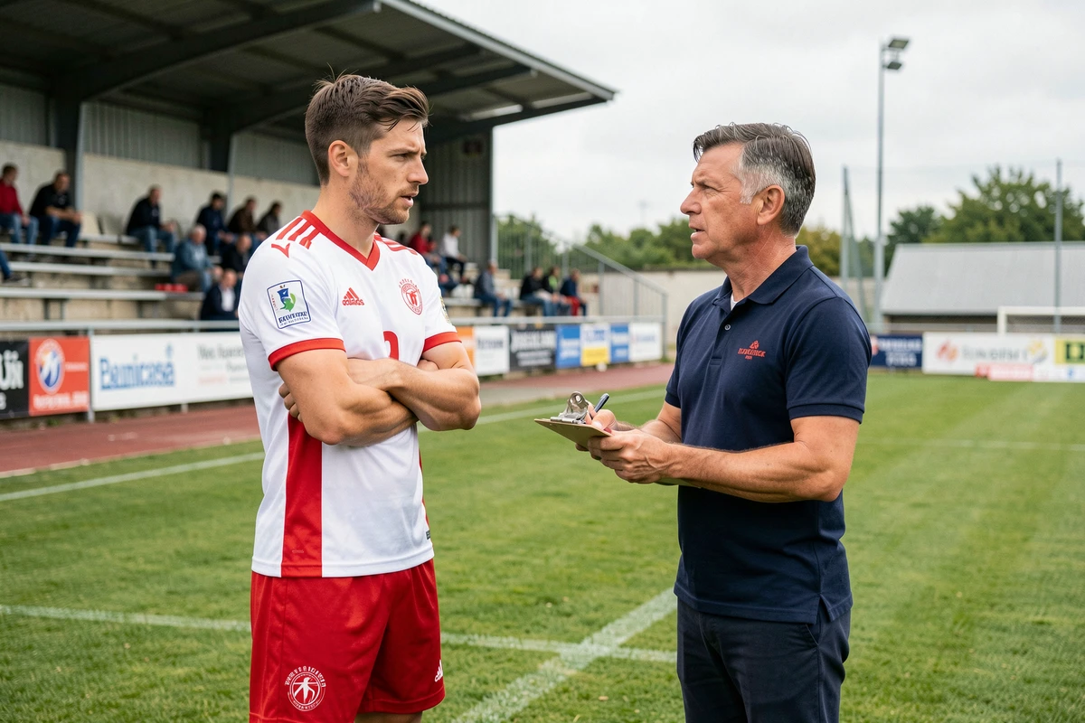 Footballeur professionnel discutant avec son entraîneur en bordure de terrain dans un stade de National 2