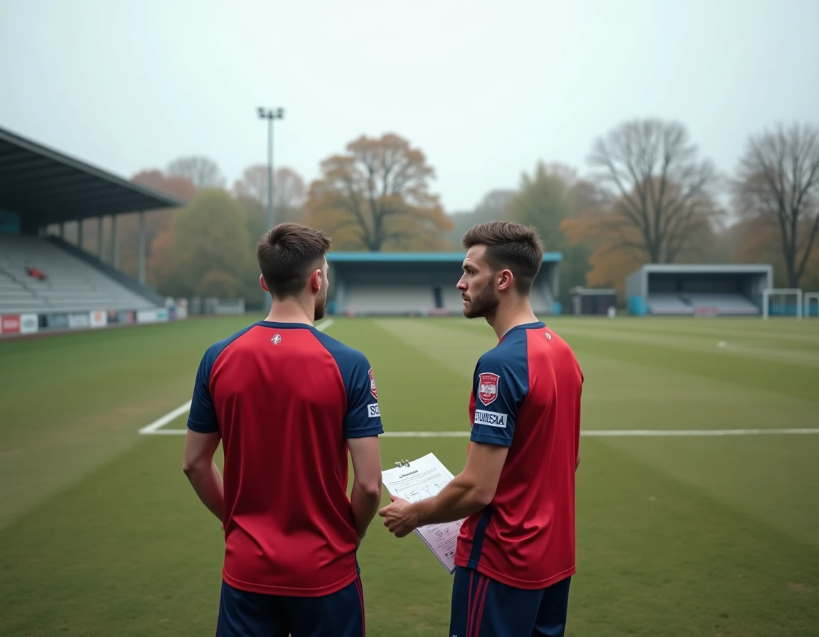 Deux footballeurs tenant un calendrier de match sur un terrain de Fédérale 2 en automne dans un stade régional