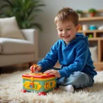 Garçon de 5 ans souriant avec boîte à musique