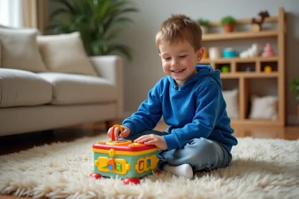 Garçon de 5 ans souriant avec boîte à musique