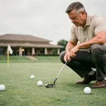 Golfeur adulte accroupi sur un putting green d'entraînement analysant la pente avant un putt