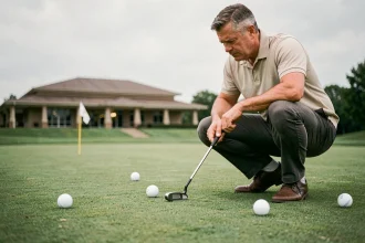 Golfeur adulte accroupi sur un putting green d'entraînement analysant la pente avant un putt