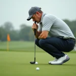 Golfeur analysant la ligne de putt en se baissant derrière la balle sur un green impeccable, routine de putting professionnelle