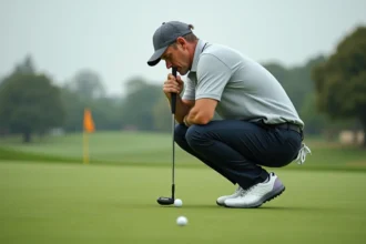 Golfeur analysant la ligne de putt en se baissant derrière la balle sur un green impeccable, routine de putting professionnelle