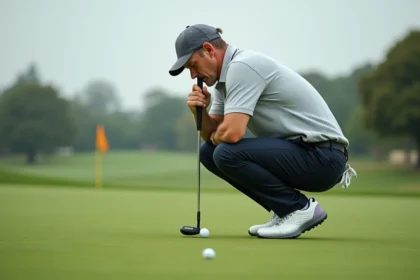 Golfeur analysant la ligne de putt en se baissant derrière la balle sur un green impeccable, routine de putting professionnelle