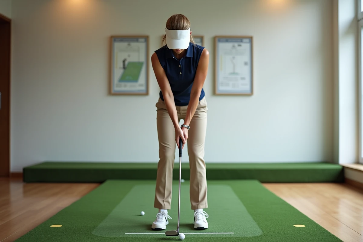 Golfeuse en position d'adresse sur un tapis de putting intérieur dans un studio d'entraînement au golf, travail de la routine professionnelle