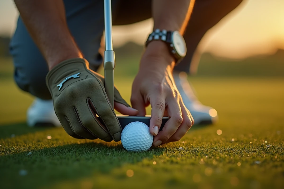 Gros plan sur les mains d'un golfeur tenant le putter en position d'adresse, détail de la prise en main et routine de putting