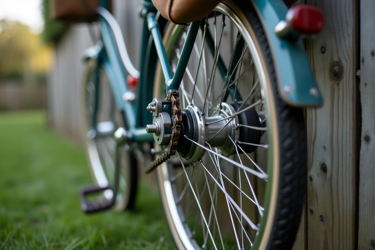 Gros plan sur le moyeu de frein à rétropédalage d'un vélo classique, détail technique pour guide d'achat