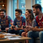 Groupe d'amis en jerseys connectant une smart TV dans un salon