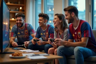 Groupe d'amis en jerseys connectant une smart TV dans un salon