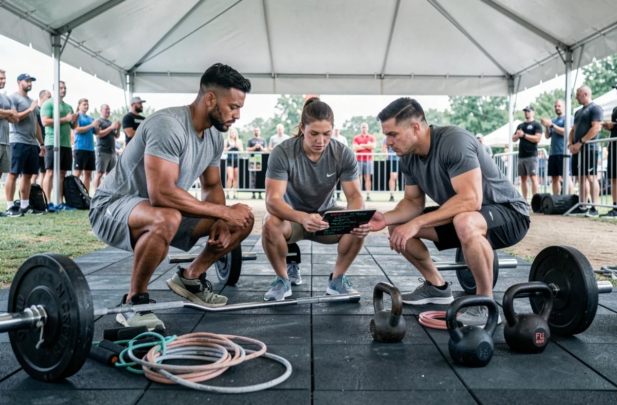 Groupe d'athlètes CrossFit organisant leur zone de transition pour l'Open CrossFit 2026 en compétition