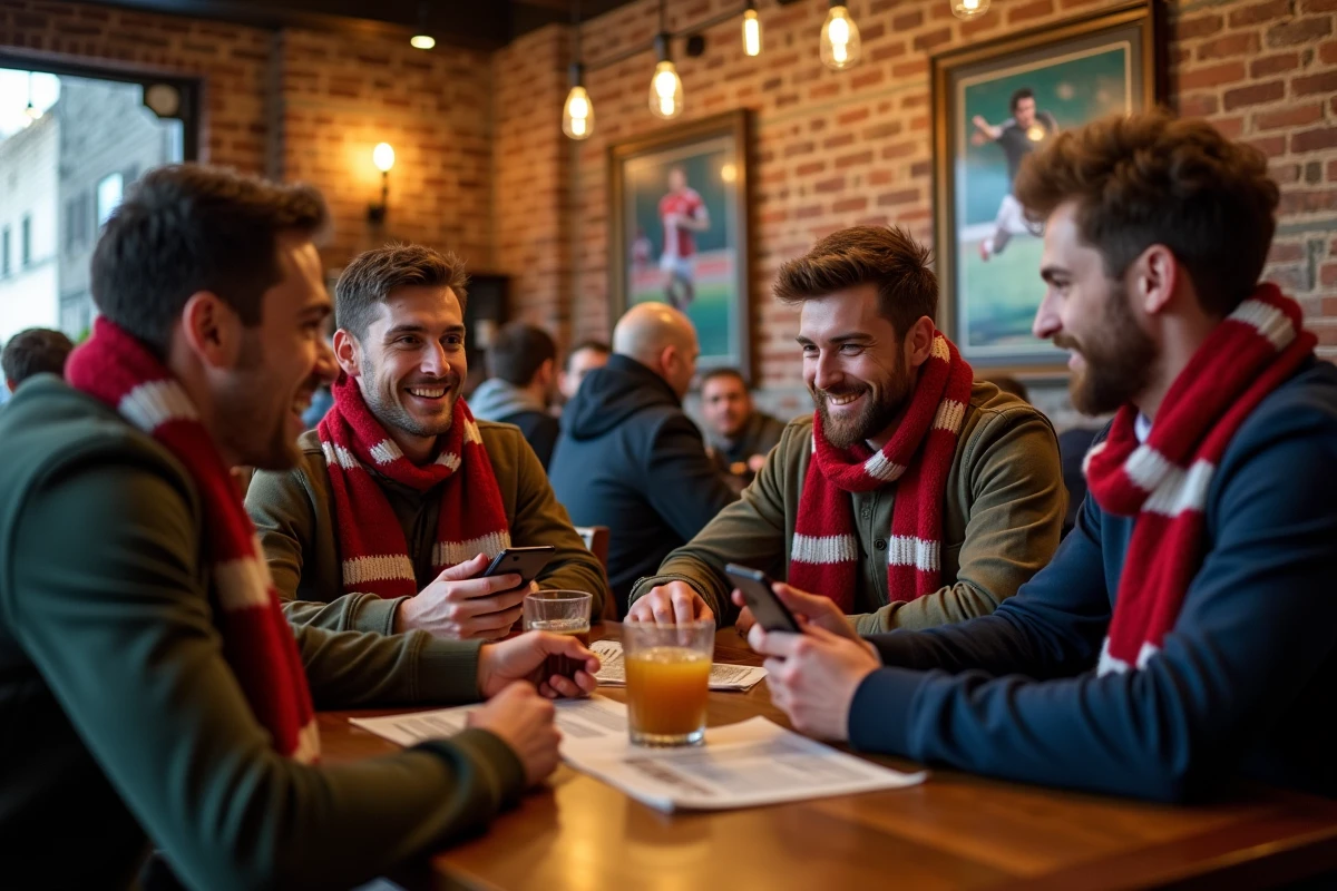 Jeunes adultes discutant dans un pub rugby chaleureux