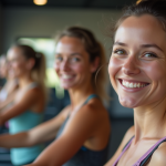 Groupe de femmes souriantes dans une salle de sport lumineuse