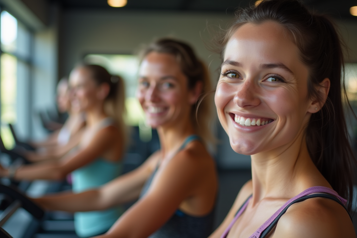 Groupe de femmes souriantes dans une salle de sport lumineuse