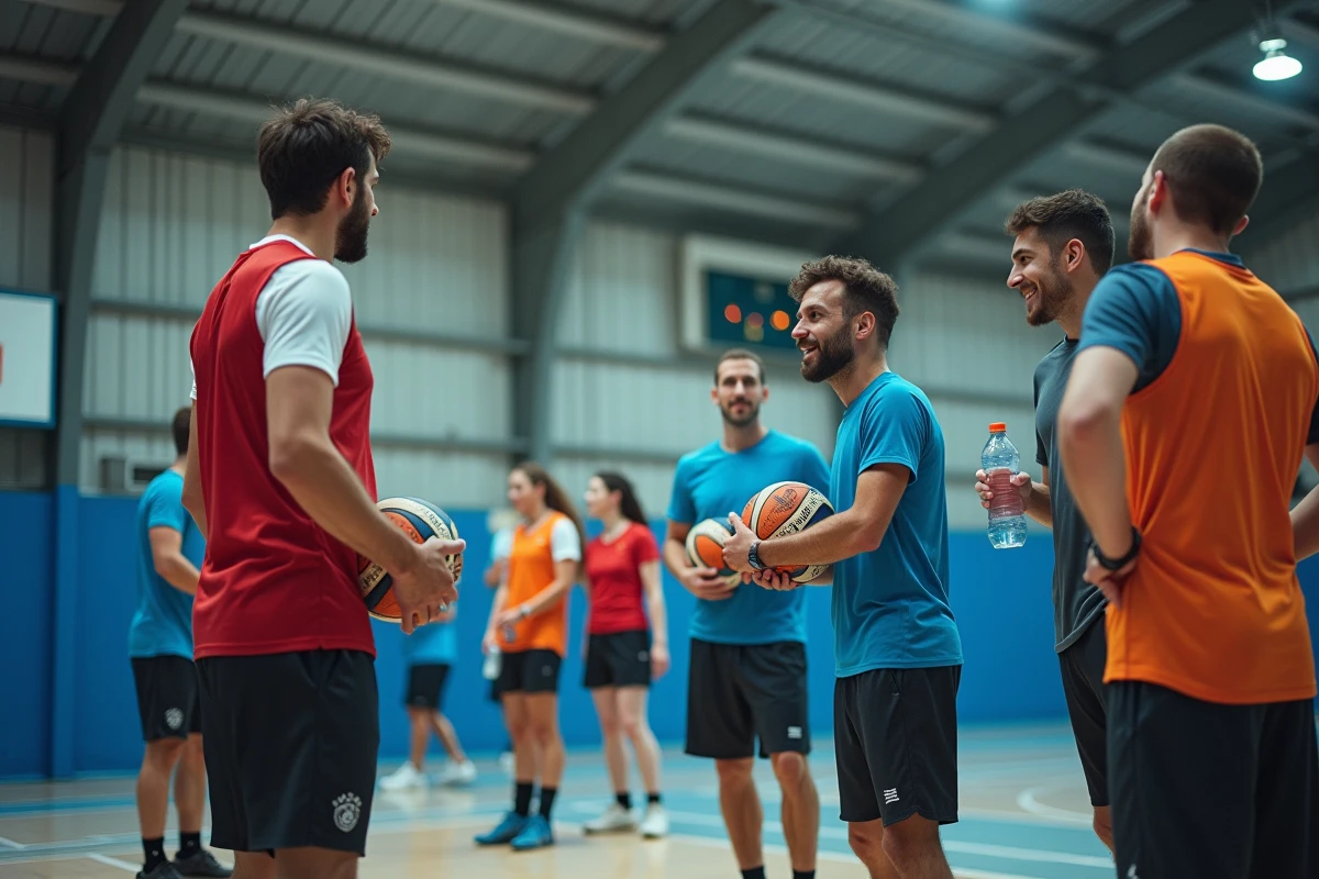 Groupe de joueurs de handball amateurs discutant après un match dans un centre sportif communautaire près de Lisbonne