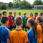 Groupe de jeunes sportifs en cercle sur un terrain vert