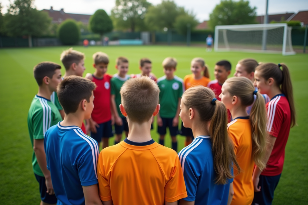 Groupe de jeunes sportifs en cercle sur un terrain vert
