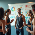 Jeunes adultes en sportwear discutant devant un tableau blanc