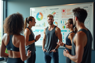 Jeunes adultes en sportwear discutant devant un tableau blanc