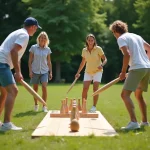 Groupe d'adultes jouant au Mölkky dans un parc, quilles numérotées disposées au sol en formation de départ