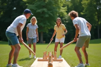 Groupe d'adultes jouant au Mölkky dans un parc, quilles numérotées disposées au sol en formation de départ