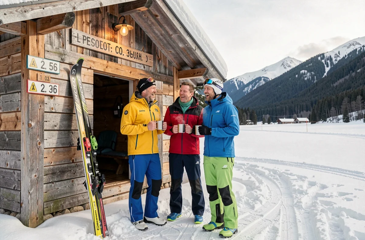 Groupe de skieurs de fond souriants devant un chalet nordique en bois avec pistes enneigées en arrière-plan