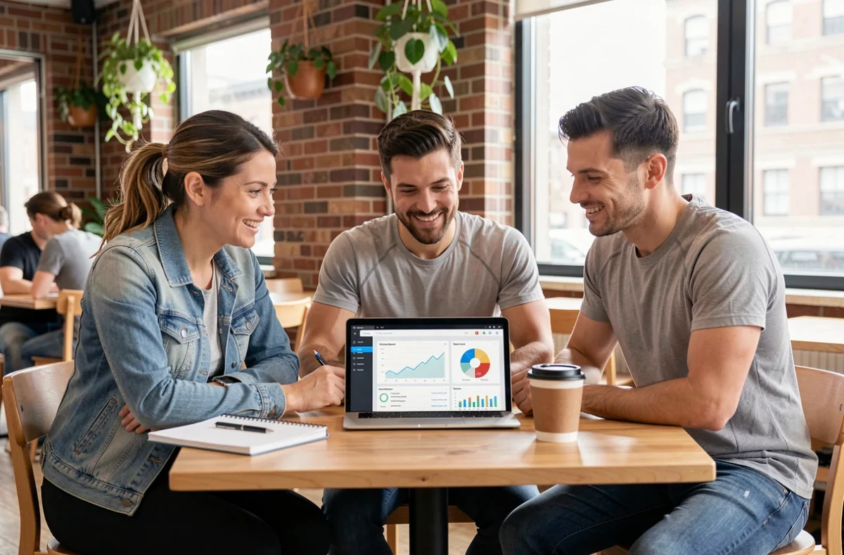 Groupe d'adultes analysant ensemble un tableau de bord de suivi sportif et bien-être sur ordinateur portable dans un café