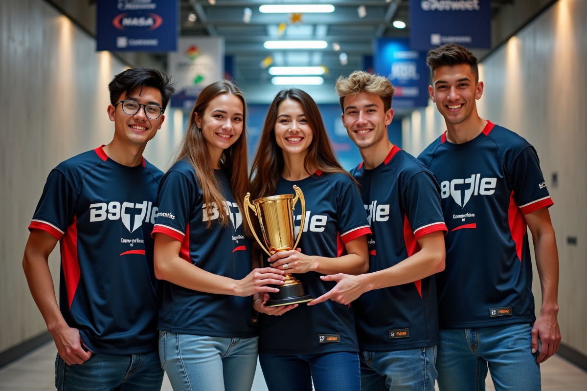 Groupe de jeunes célébrant leur victoire avec un trophée en arene