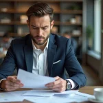 Homme en costume bleu examine des documents dans un bureau moderne