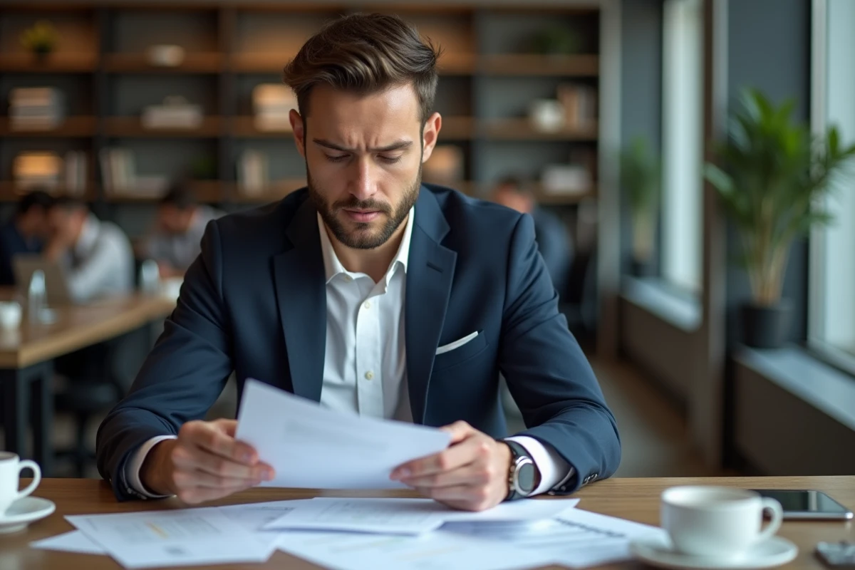 Homme en costume bleu examine des documents dans un bureau moderne