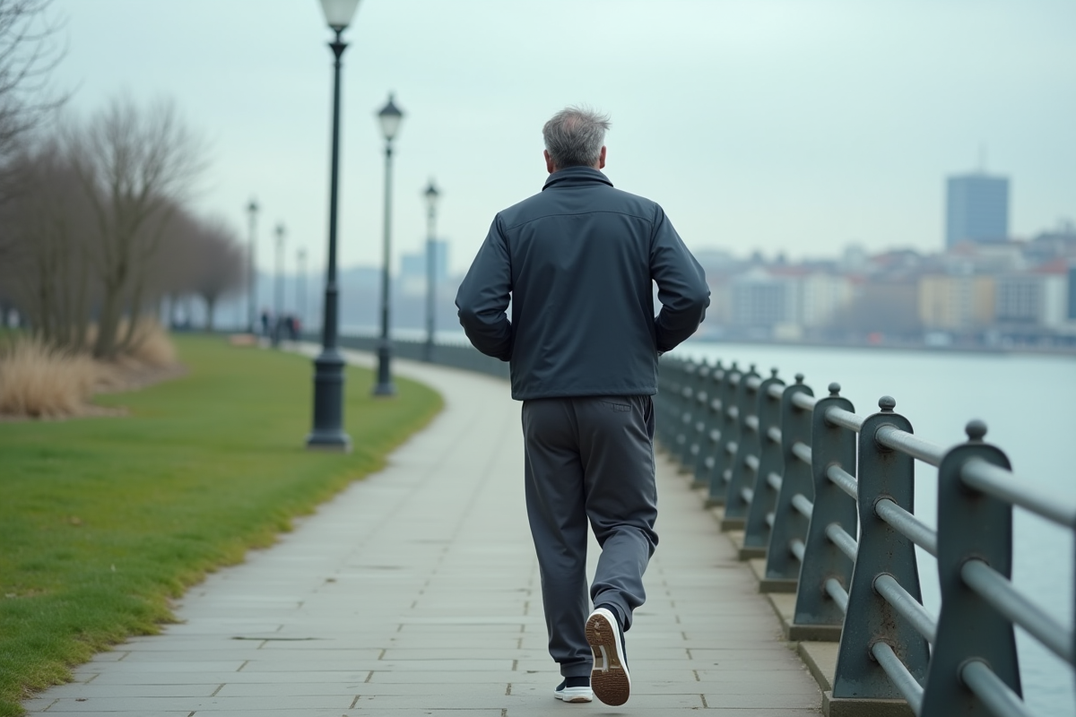 Homme en promenade le long de la rivière en ville