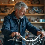 Homme adulte examinant un vélo à rétropédalage dans un magasin de cycles, idéal pour choisir le bon modèle