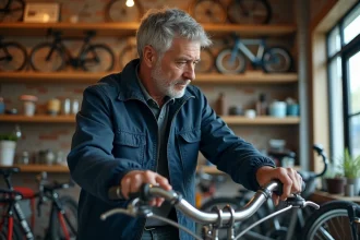 Homme adulte examinant un vélo à rétropédalage dans un magasin de cycles, idéal pour choisir le bon modèle