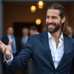 Homme en costume navy devant une arene de catch moderne