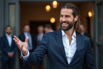 Homme en costume navy devant une arene de catch moderne