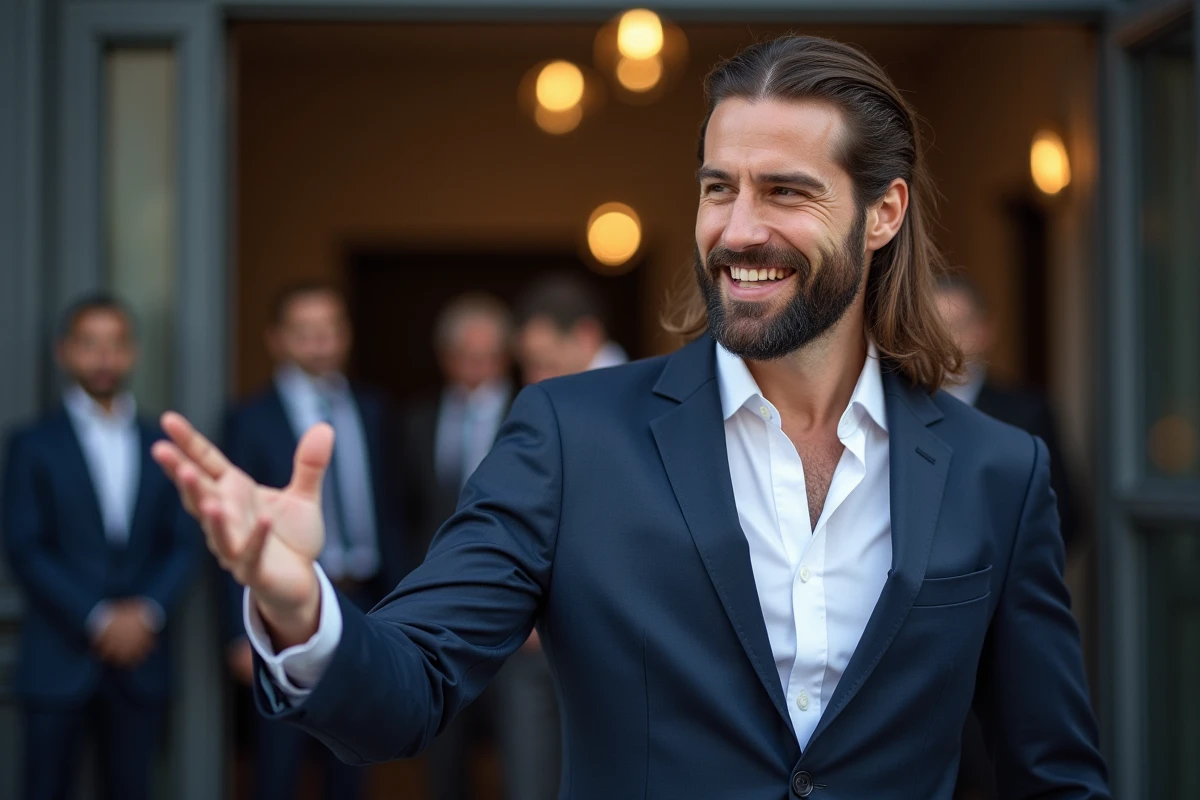 Homme en costume navy devant une arene de catch moderne
