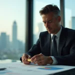 Homme d'affaires en costume regardant des graphiques financiers avec un lingot d'or