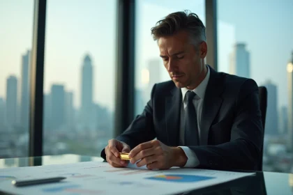 Homme d'affaires en costume regardant des graphiques financiers avec un lingot d'or