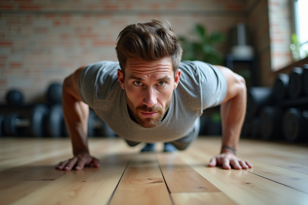 Homme faisant un push-up dans un gym moderne