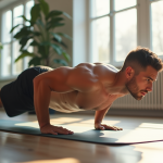 Homme en forme faisant des pompes dans un salon lumineux