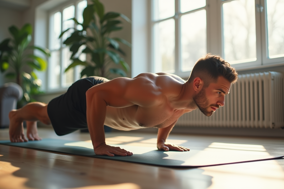 Homme en forme faisant des pompes dans un salon lumineux