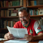 Homme algérien en maillot vintage feuilletant des archives football