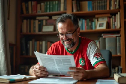 Homme algérien en maillot vintage feuilletant des archives football