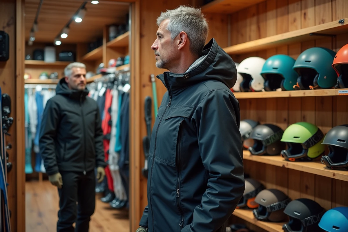 Homme grande taille essayant une combinaison de ski dans un magasin de sport spécialisé