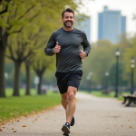 Homme d'âge moyen courant dans un parc urbain verdoyant